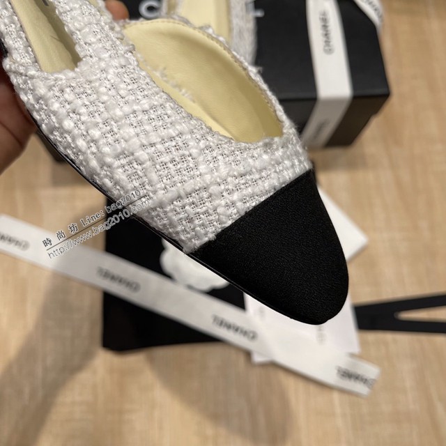 Chanel專櫃經典款女士拼色涼鞋 香奈兒時尚slingback拼色涼鞋平跟鞋中跟鞋 dx2583